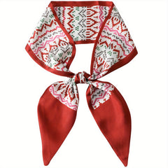 Geometric Print Red Skinny Scarf Silk Hair Ribbon Satin Neckerchief