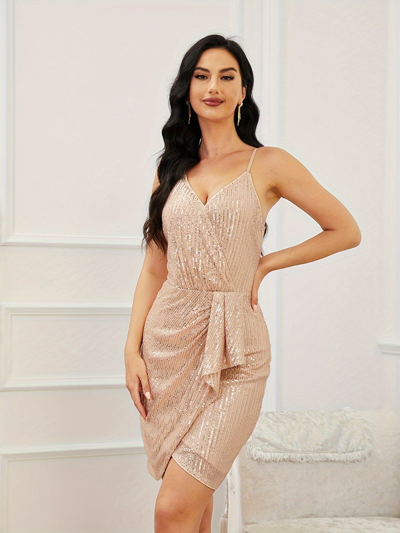 Sequined Wrap Cami Bridesmaid Dress Backless V neck Dress