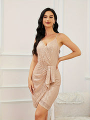 Sequined Wrap Cami Bridesmaid Dress Backless V neck Dress