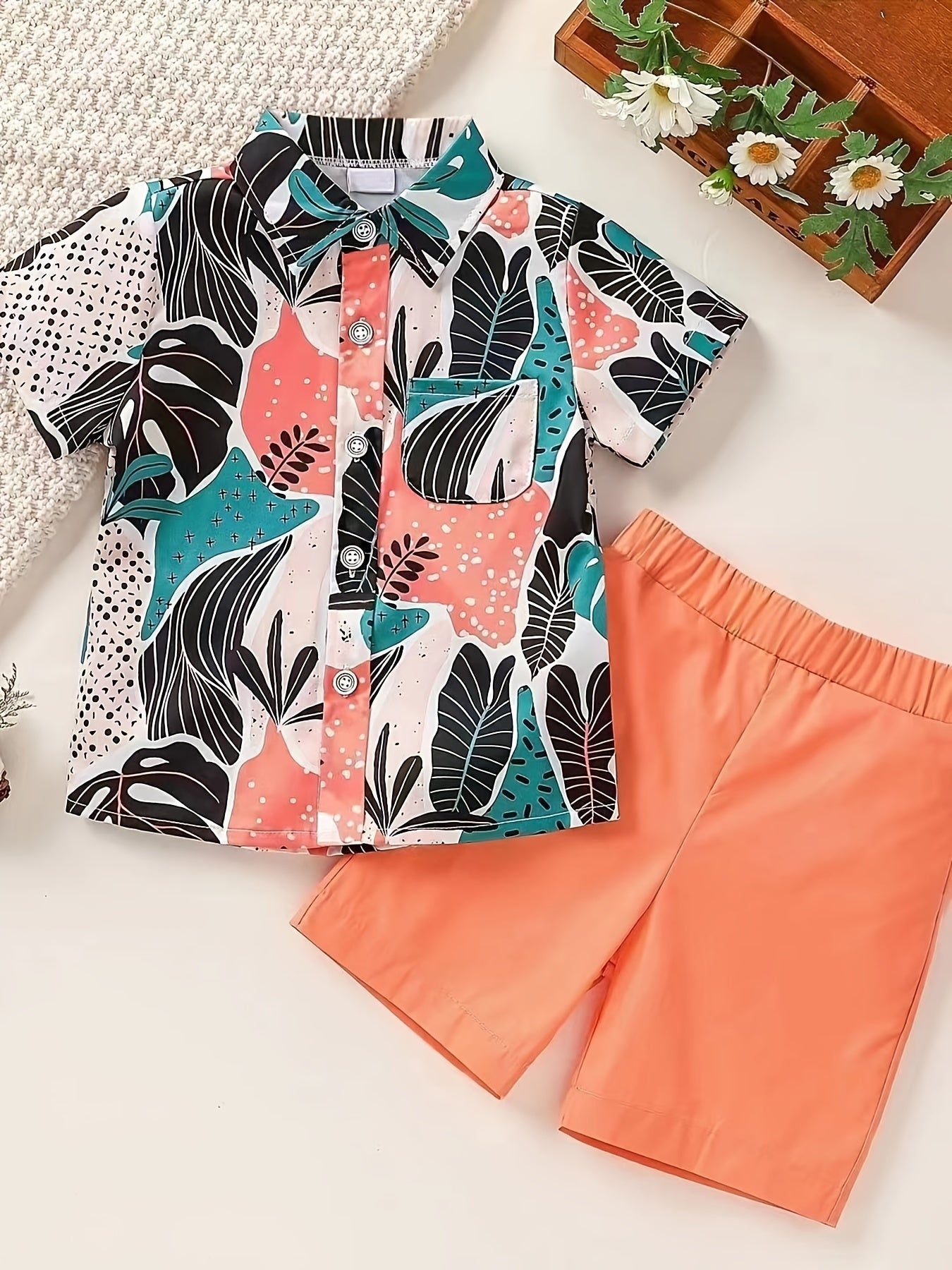 Boys Leaf Outfit Shorts & Shirt Short Sleeves Button Down