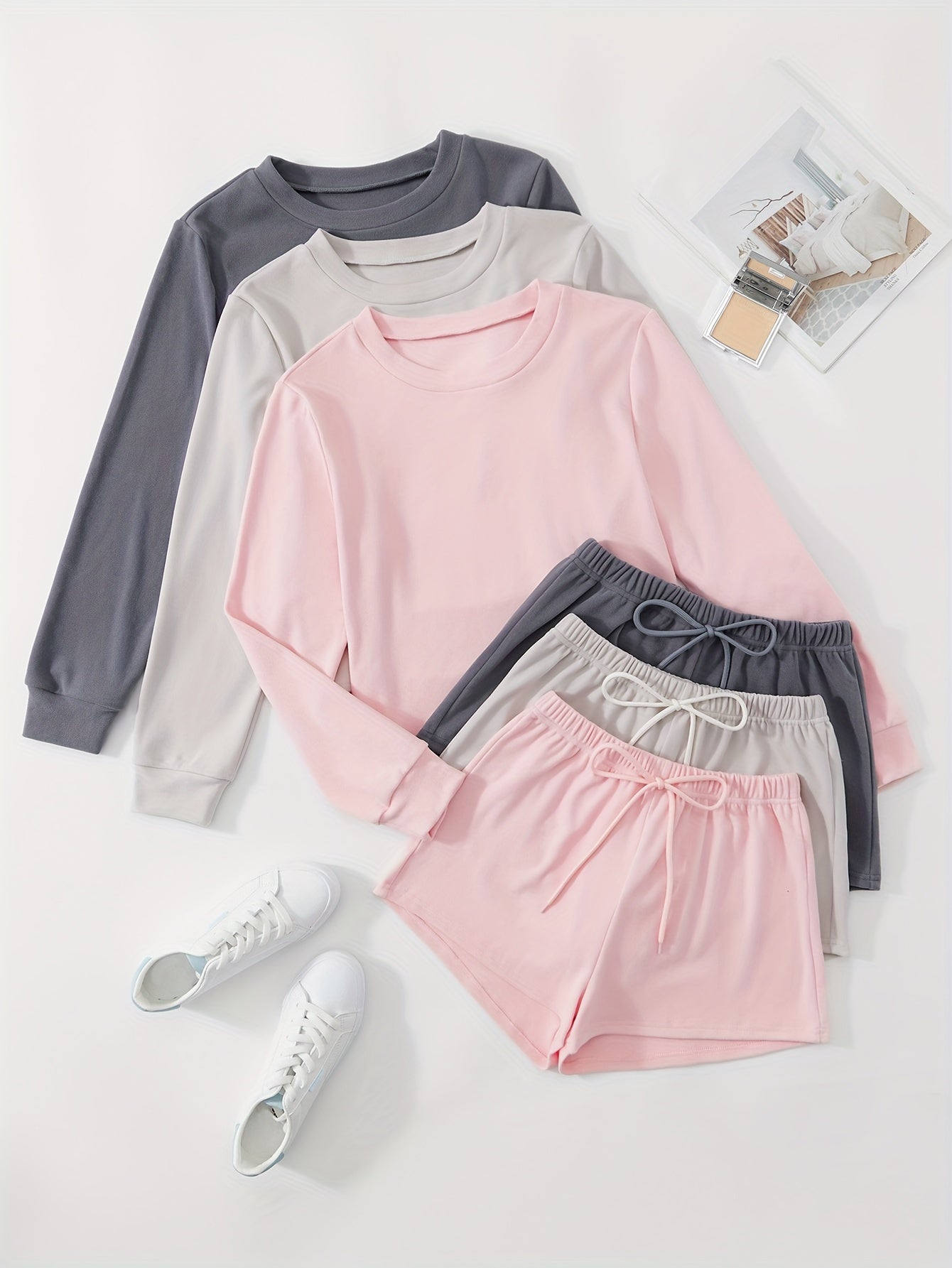 3-Piece Lounge Set Long Sleeve Top & Shorts Women's Sleepwear