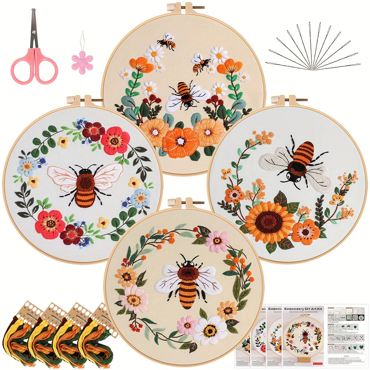 Embroidery Kit Honeybee And Flowers with Hoop 7 9 Inch