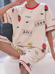 Strawberry Print Pajamas Set Short Sleeve Crew Neck Top & Crop Pants