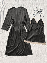 2pcs Satin Robe & Cami Dress Set with Lace Trim