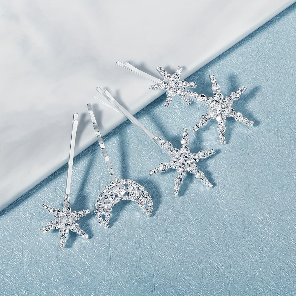 Rhinestone Moon & Star Hair Clips Set