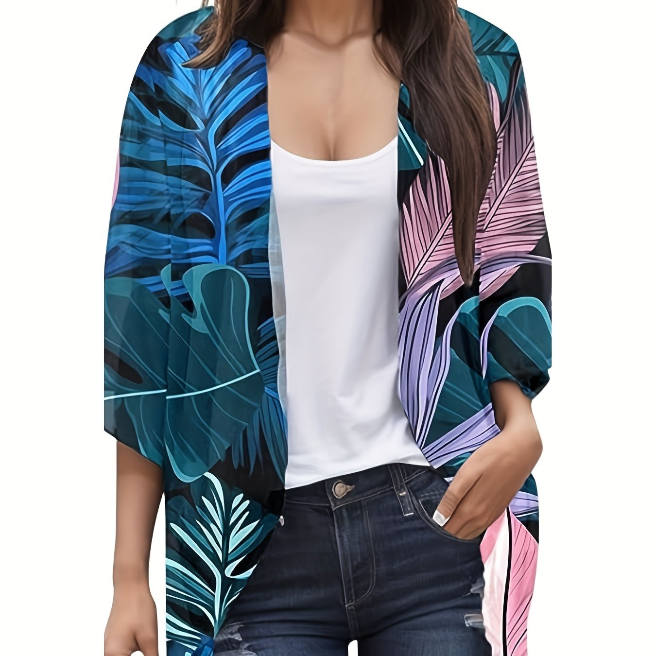 Women's Plus Tropical Print Half Sleeve Open Front Cardigan
