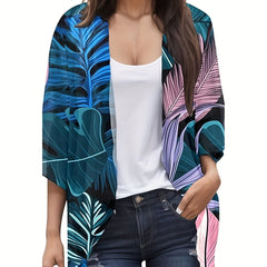 Women's Plus Tropical Print Half Sleeve Open Front Cardigan