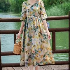 Vintage Floral Print Ruched Dress Tie Waist Surplice Neck A Line