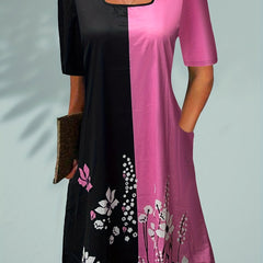 Colorblock Floral Print Short Sleeve Dress with Pockets