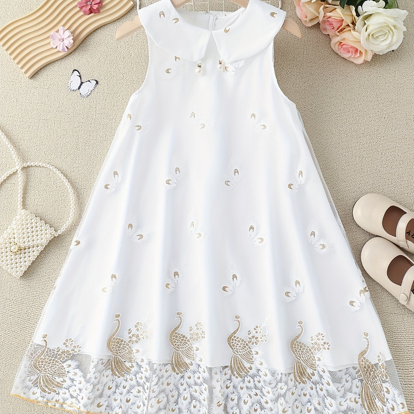 Toddler Girls Peacock & Flower Pattern Mesh Princess Dress