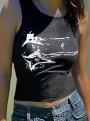 Y2k Graffiti Print Crop Tank Top Sleeveless Crew Neck Summer Women's Clothing