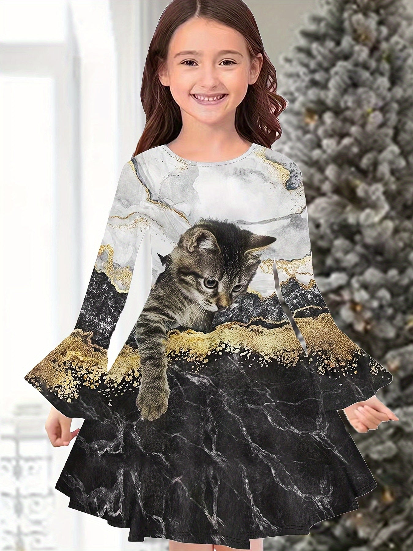 Girls Kitty Graphic Flare Long Sleeve Dress Cartoon Animal Print Dress