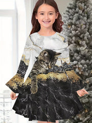 Girls Kitty Graphic Flare Long Sleeve Dress Cartoon Animal Print Dress