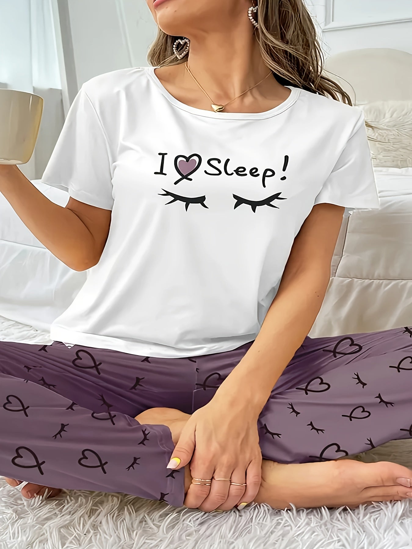 Eyelash & Heart Print Tee & Pants Pajama Set