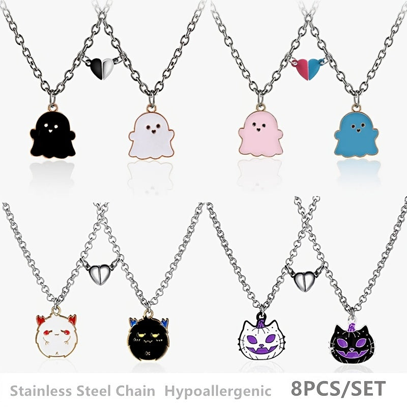 8pcs Magnetic Skull Pumpkin Ghost Pendant Necklace Set Halloween Jewelry
