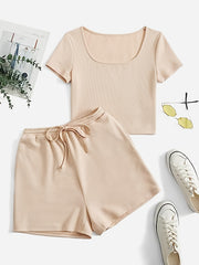 Casual 2 Piece Set Solid Top & Drawstring Shorts