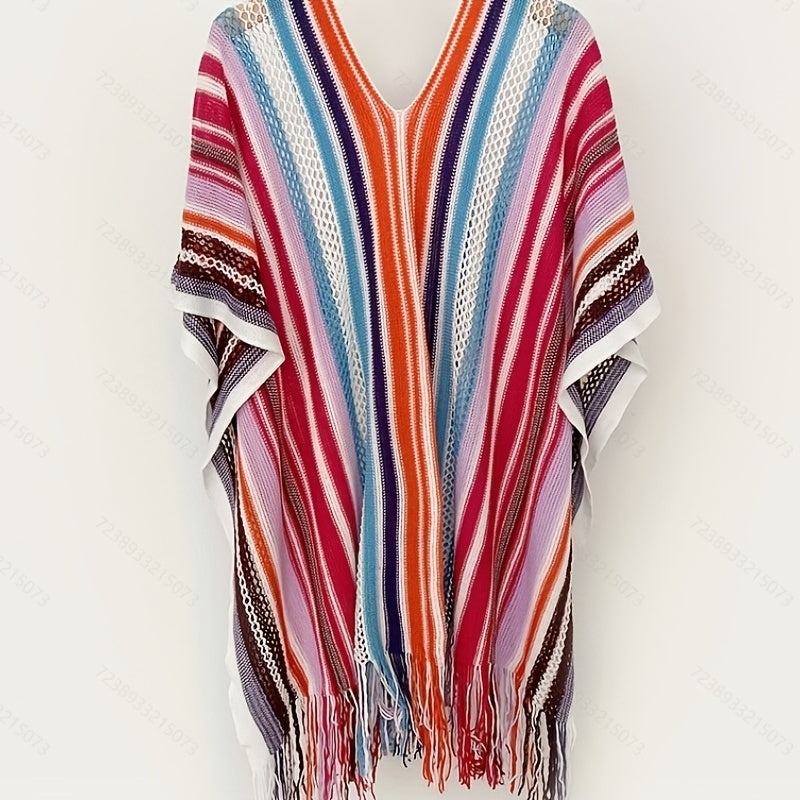 Vintage Hollow Out Stripe Shawl Boho Tassel Wrap Classic Thin Breathable Cardi
