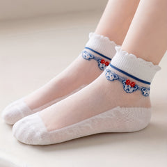 5pcs Cartoon Cat Breathable Lace Crew Socks Girls Cotton Socks