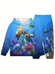 2pcs Boy's Hoodie Outfit Cartoon Pattern Set Long Sleeve Top Kid's Clothes