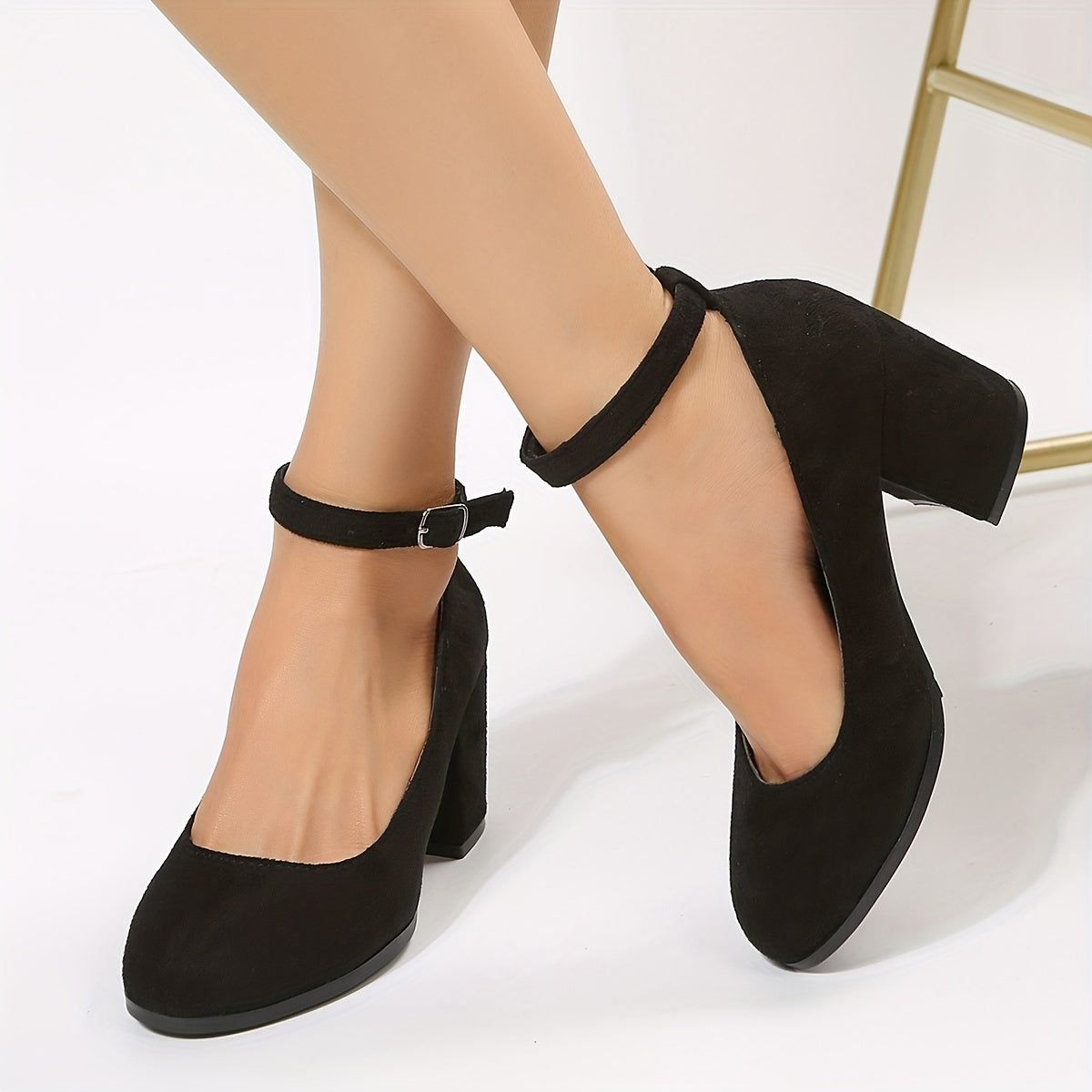 Women's Chunky Heels Buckle Strap Pumps Work Heels