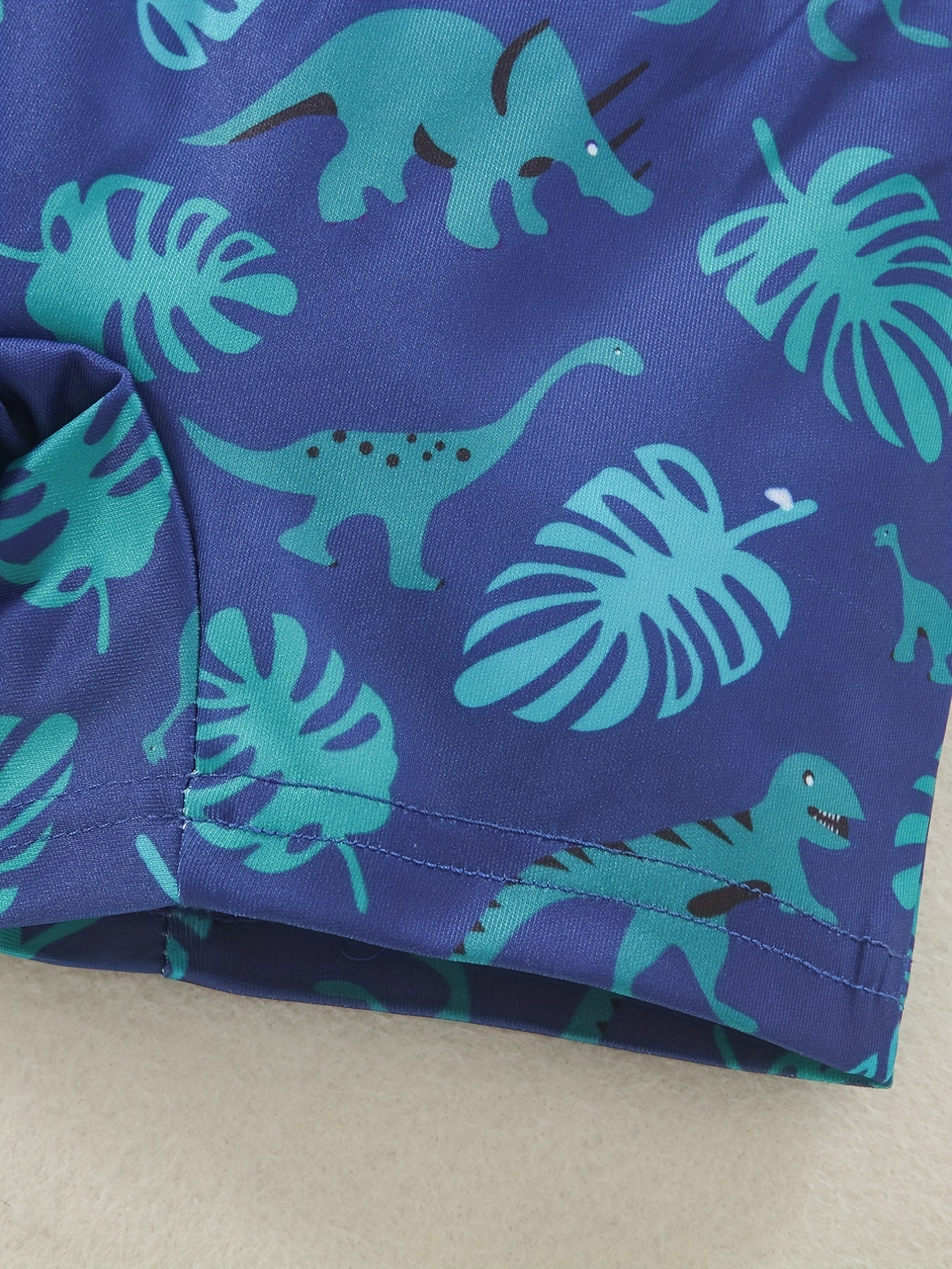 Boys Dino & Leaves Print Swim Trunks & Cap Set for Beach Vacation