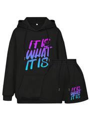 Women's Plus Slogan Print Hoodie & Shorts Set