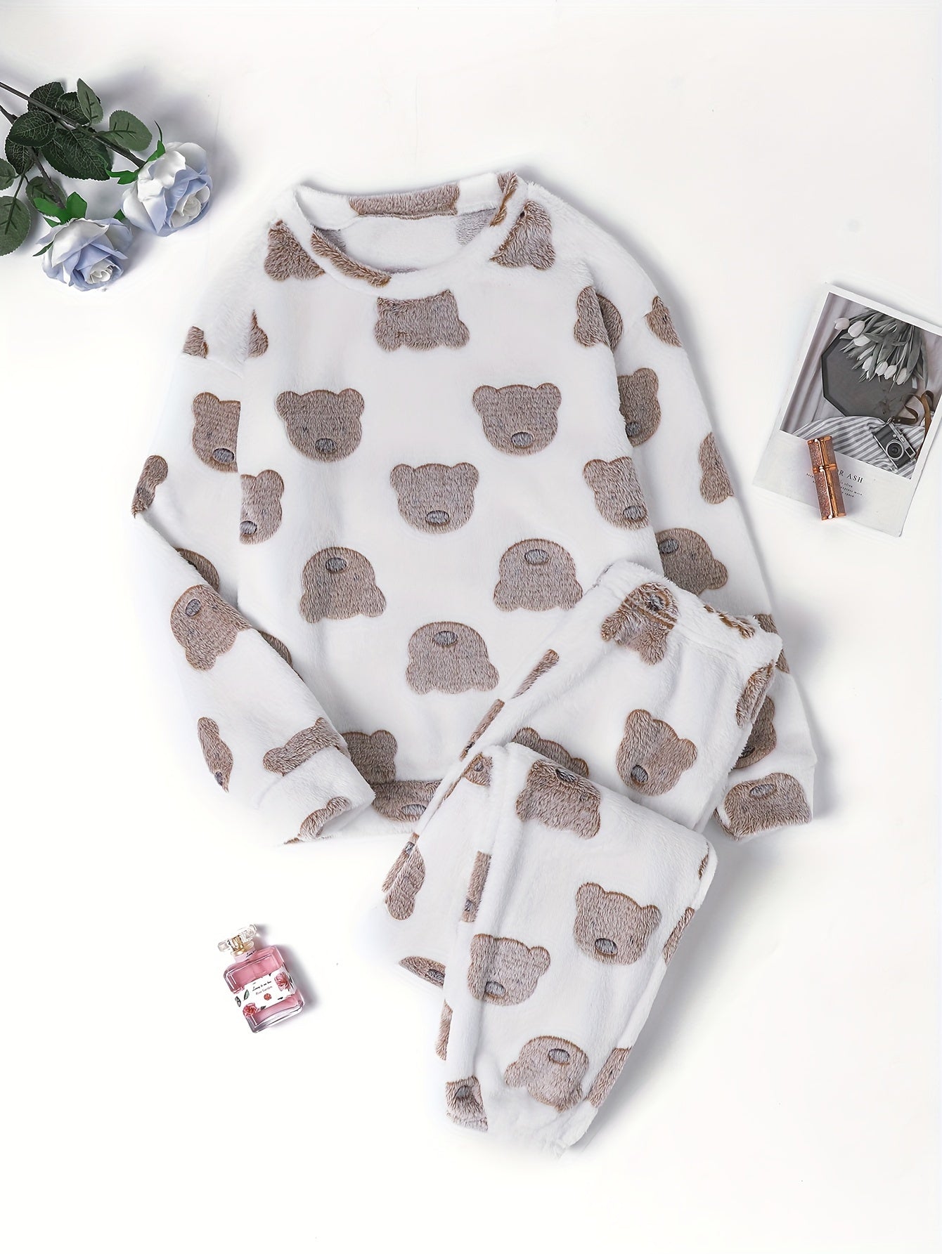 Bear Print Flannel Lounge Set - Warm Pajamas