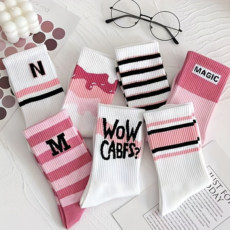 7 Pairs Letter Print Striped Socks Women's Stockings
