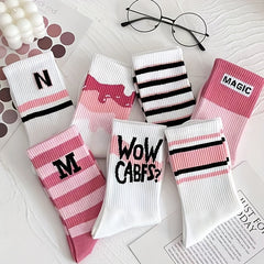 7 Pairs Letter Print Striped Socks Women's Stockings