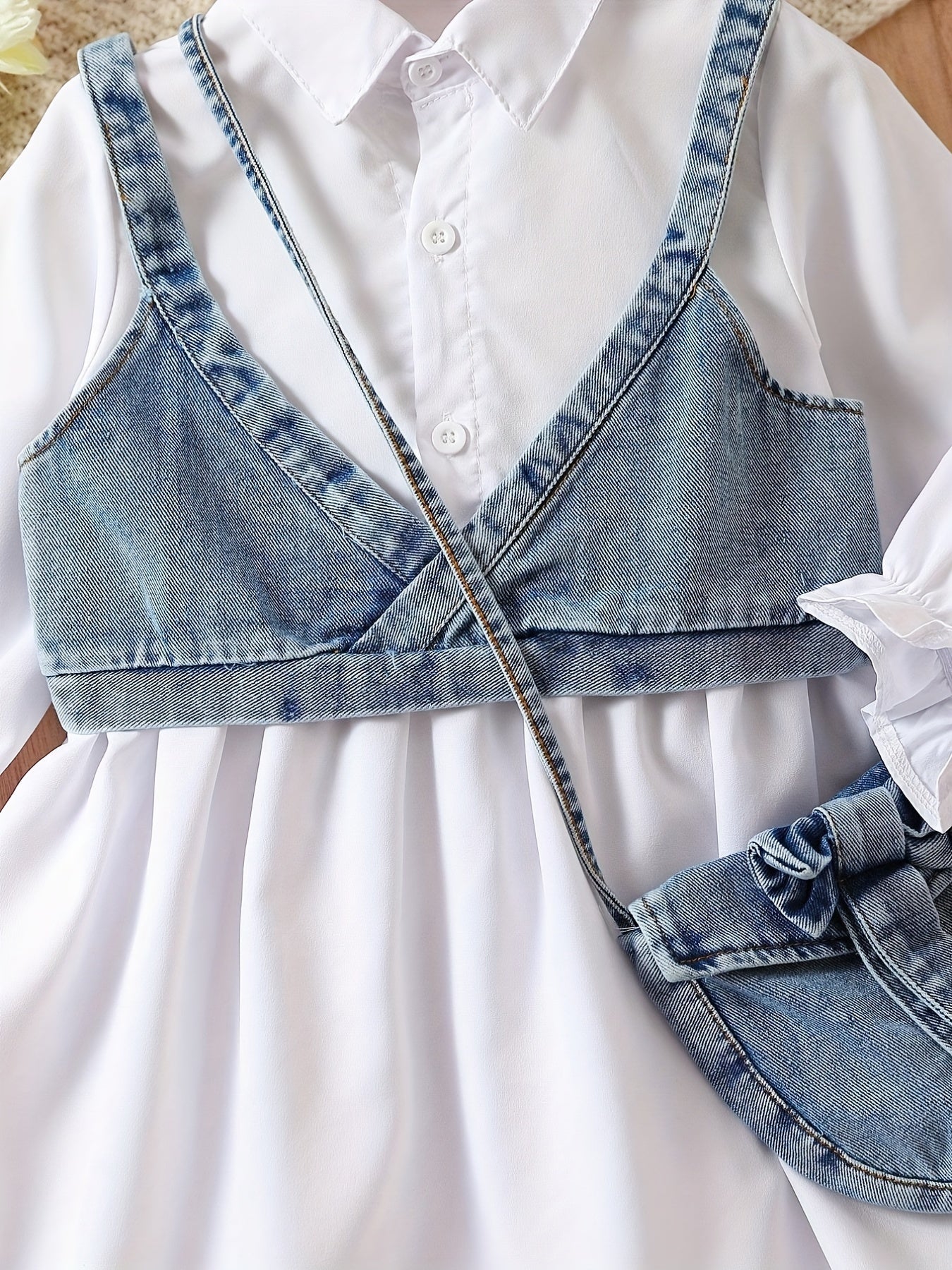Girls' 3pcs Autumn Denim Vest Shirt Dress Set