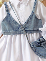 Girls' 3pcs Autumn Denim Vest Shirt Dress Set