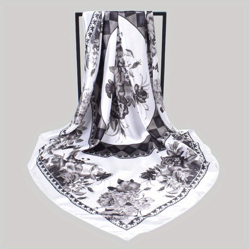Peony Print Square Scarf Satin Shawl Silk Head Wrap Hair Accessory