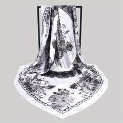 Peony Print Square Scarf Satin Shawl Silk Head Wrap Hair Accessory