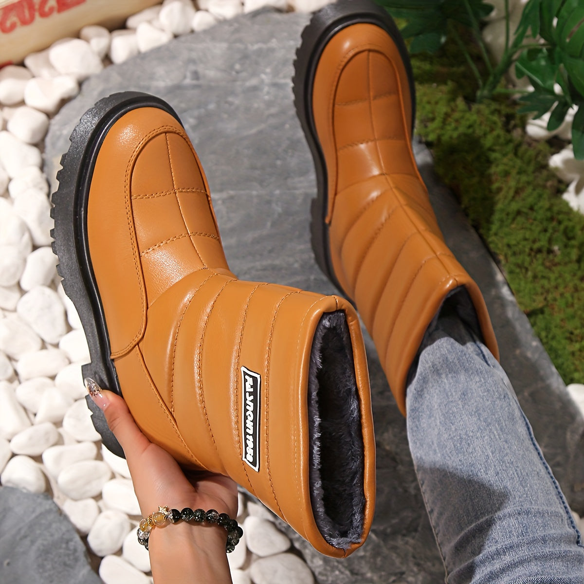 Faux Leather Fur Lined Snow Boots Waterproof Non Slip