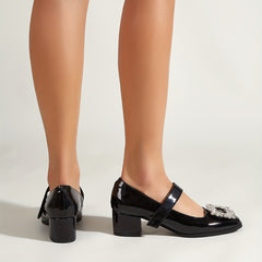 Rhinestone Mary Janes Ankle Strap Chunky Heel Shoes