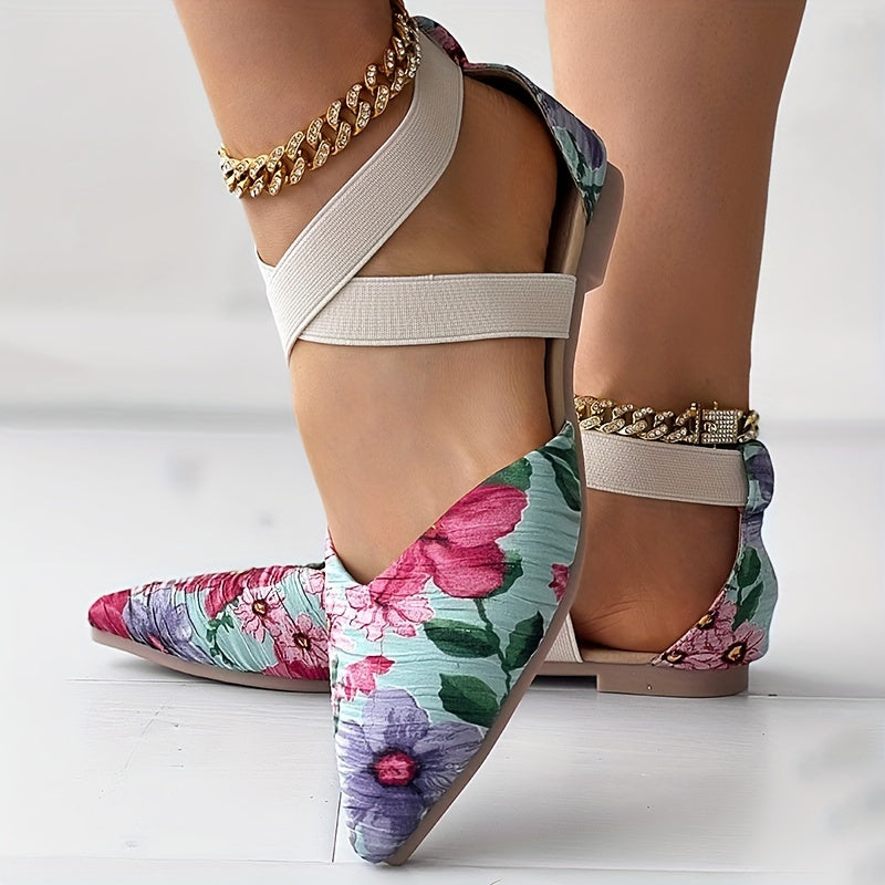 Floral Criss Cross Straps Sandals - Point Toe Flat Shoes