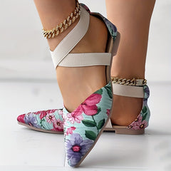 Floral Criss Cross Straps Sandals - Point Toe Flat Shoes