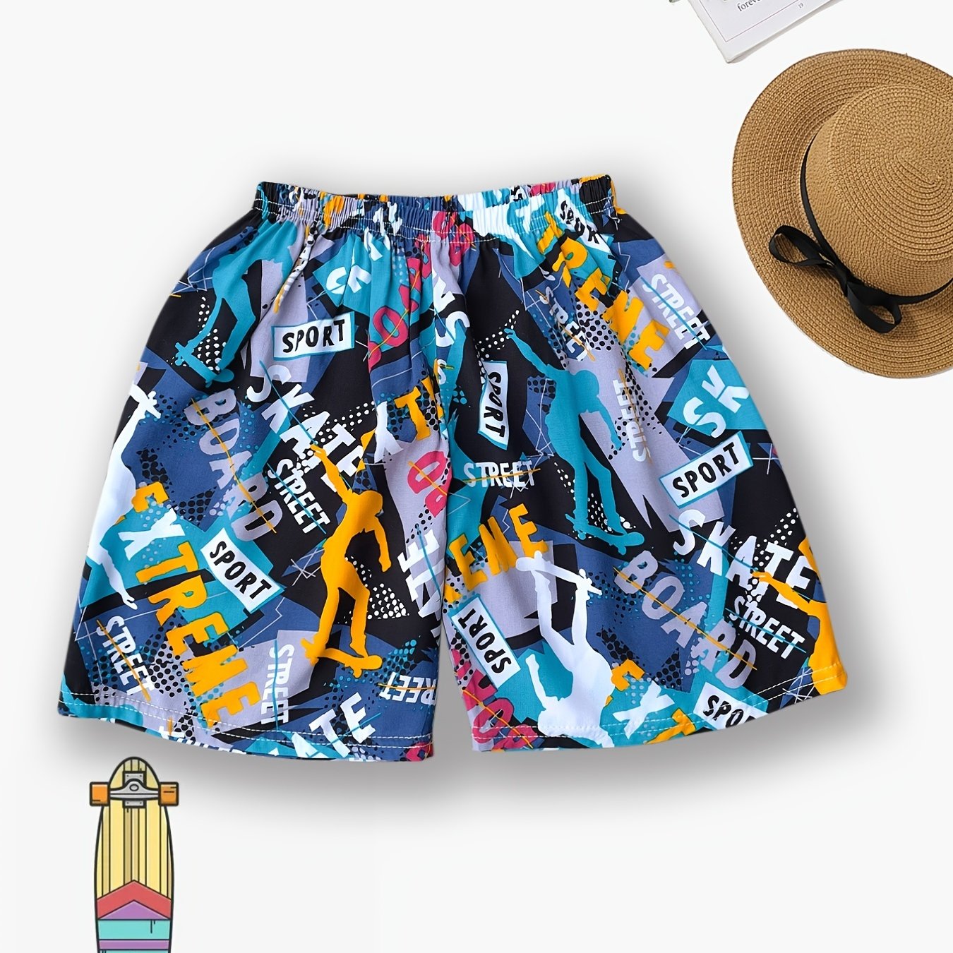 Boys Cartoon Graffiti Print Shorts for Summer Sports