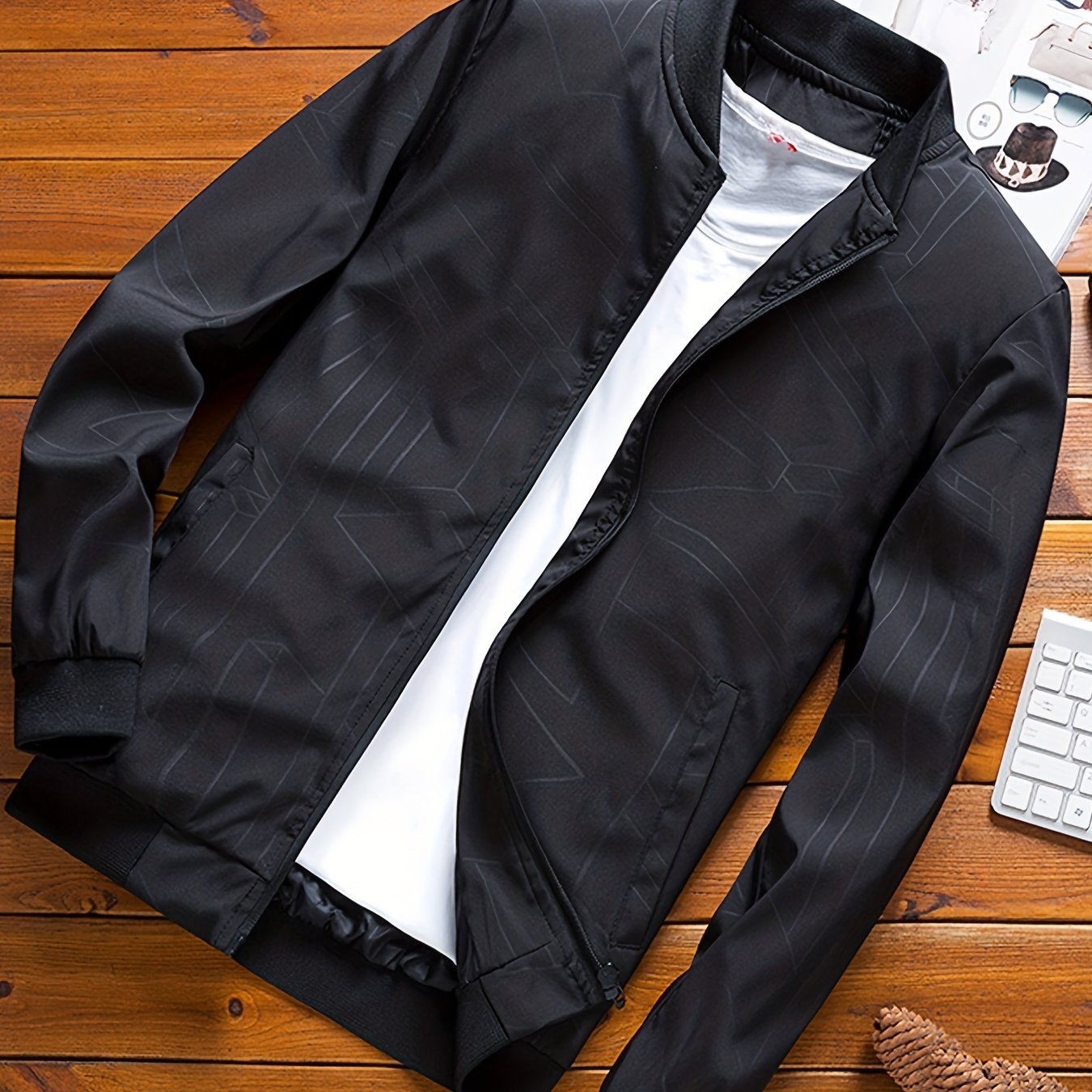 Geometric Pattern Zip Up Lightweight Jacket Men's Casual Baseball Collar