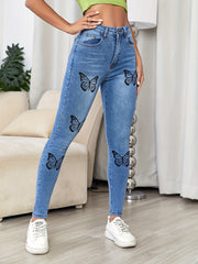 Butterfly Print High Waist Denim Pants Medium Skinny Jeans