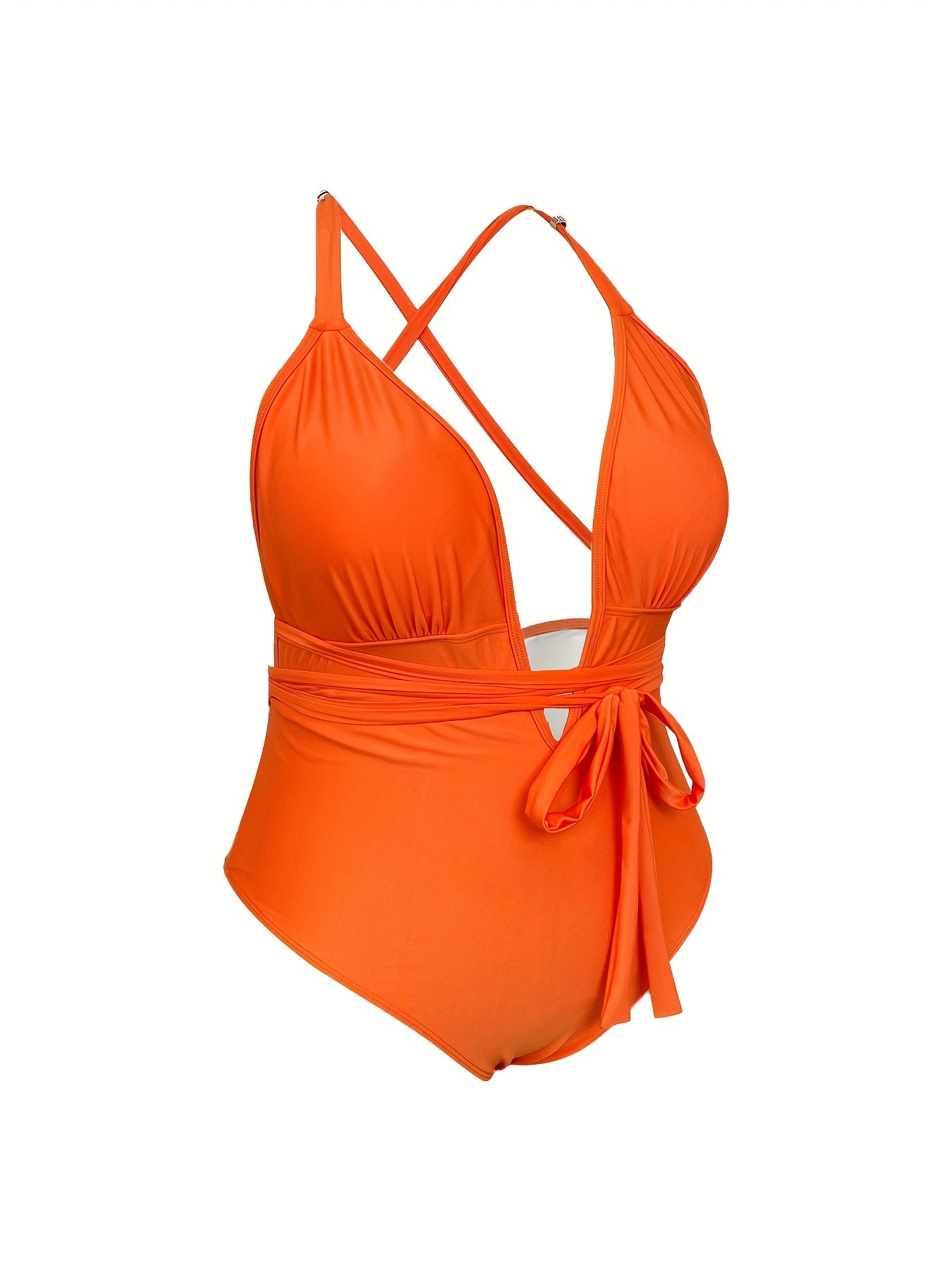 Solid Deep V Neck One Piece Swimsuit With Belt
