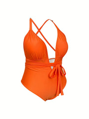 Solid Deep V Neck One Piece Swimsuit With Belt