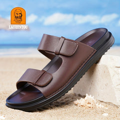 LAORENTOU Men's Leather Slippers Casual Outdoor Anti skid Slip On Slides