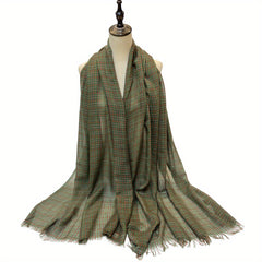 Plaid Pattern Scarf Vintage Frayed Edge Shawl Windproof Head Wrap