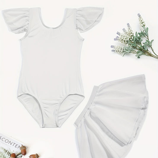 Girls Dance Dress Gymnastics Suit Crew Neck Fly Sleeve Bodysuit