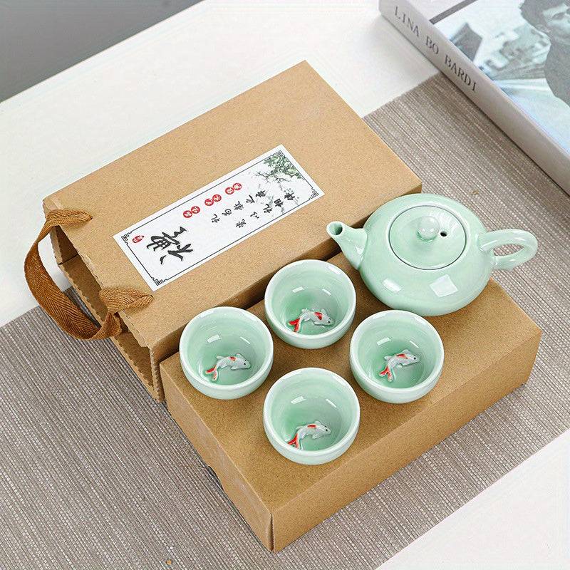 Celadon Tea Set with Koi Fish Teapot and Creative Tea Cups