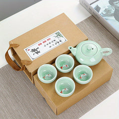 Celadon Tea Set with Koi Fish Teapot and Creative Tea Cups