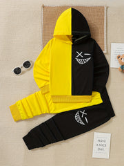 Boy's Funny Face 2pcs Hoodie & Sweatpants Set for Spring Fall