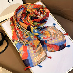 Red Boho Geometric Print Scarf Tassel Shawl Windproof Head Wrap
