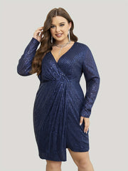 Sequin Wrap Party Dress Long Sleeve V-Neck Stretch